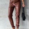 Women's Brown Smocked High-Waist Leather Skinny Pants