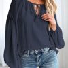 Blue Lantern Sleeve Stripe Tassel Drawstring Blouse