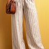 Women's Khaki Striped Print Drawstring High Waist Casual Pants