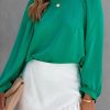 Women's Elegant Green Satin Puff Long Sleeve Crewneck Blouse