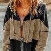 Women's Khaki Waffle Patchwork Vintage Washed Hooded Jacket