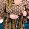 Brown Mix Floral Striped Ethnic Splicing Plus Size Blouse