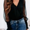 Women's Black Mesh Long Sleeve Surplice Bodysuit