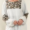 White Leopard Patch Puff Sleeve Textured Blouse