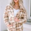 Women's Khaki Sherpa Plaid Button Pocketed Jacket