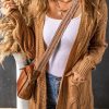 Women's Khaki Ribbed Trim Eyelet Cable Knit Cardigan