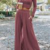 Solid Color Ribbed Crop Top Long Pants Set