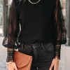 Women's Black Sheer Lace Mesh Bishop Sleeve Top