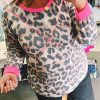 Women's Leopard Print Contrast Trim Plus Size Long Sleeve Top