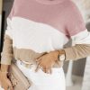 Women's Pink Colorblock Waffle Knit Long Sleeve Top