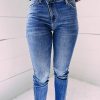 Sky Blue Asymmetrical Skew Button Zip Fly Skinny Jeans