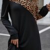 Women's Black Asymmetric Cold Shoulder Leopard Colorblock Mini Dress