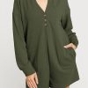 Dark Green Brushed Ribbed Button Split V Neck Long Sleeve Romper