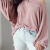 Pink One-Shoulder Balloon Sleeve Ribbed Blouse