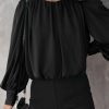 Women's Black Padded Shoulder Pleated Loose Blouse With Buttoned Cuffs