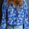 Blue Floral Notched V-Neck Long Sleeve Blouse