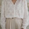 White Fanshaped Lace Hollow Out Split Neck Puff Sleeve Blouse