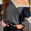 Black Brushed Contrast Knit V Neck Colorblock Long Sleeve Top