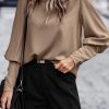 Brown Plain Button Back Cuffed Puff Sleeve Blouse