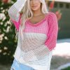 Women's Pink Color Block Eyelet Long Sleeve Twisted Back Knit Top