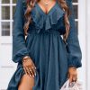 Blue Textured Ruffled V Neck High Waist Mini Dress