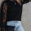 Black Crochet Sleeve Crew Neck Blouse