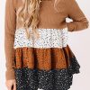 Women's Brown Ribbed Long Sleeve Dotted Tiered Ruffled Flowy Top