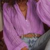 Purple V-Neck Long Sleeve Button Up Lace Shirt