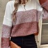 Women's Casual Brown Color Block Drop Shoulder Ribbed Trim Sweater