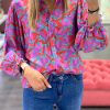 Multicolor Abstract Floral Button Up Puff Sleeve Shirt