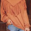 Women's Brown Chevron Fringe Loose Pullover Sweatshirt