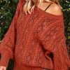 Orange Exquisite Knitted Drop Shoulder Puff Sleeve Sweater