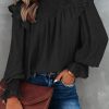 Black Crinkle Ruffle Trim Keyhole Puff Sleeve Blouse