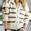 White Striped Knit V Neck Sweater Cardigan