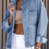 Women's Casual Sky Blue Roll-Up Tab Sleeve Denim Jacket With Pocket