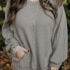 Gray Ribbed Side Pockets Long Sleeve Plus Size Top