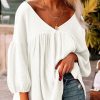 Women's White Textured V Neck Bracelet Sleeve Babydoll Blouse