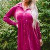 Women's Elegant Rosy Velvet Button Up Dress With Ruffled Details