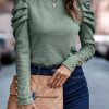 Women's Casual Green Buttoned Puff Long Sleeve Sheath Top