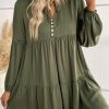 Green Lace Puff Sleeve Buttoned Tiered Ruffled Mini Dress