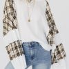 White Plaid Patch Waffle Knit Exposed Seam Bubble Sleeve Top