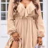 Khaki Textured Ruffled V Neck High Waist Mini Dress