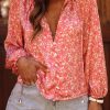 Pink Bubble Sleeve Floral Shirt With Lace Up