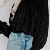 Women's Black Striking Pleated Flared Cuff Long Sleeve Blouse