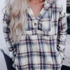 White Plaid Button Neck Pocketed Pullover Hoodie