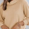 Women's Casual Apricot Solid Waffle Knit Turtleneck Long Sleeve Top