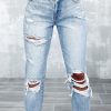 Sky Blue Light Wash Frayed Slim Fit High Waist Jeans