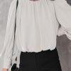 White Padded Shoulder Buttoned Cuffs Pleated Loose Blouse