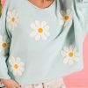 Green Flower Embroidery Batwing Sleeve Loose Sweater