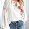 White Lantern Sleeve Stripe Tassel Drawstring Blouse